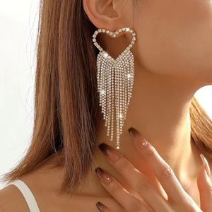 Long‎ Silver Heart Tassel Earrings – Sparkly Rhinestone Crystal Pierced